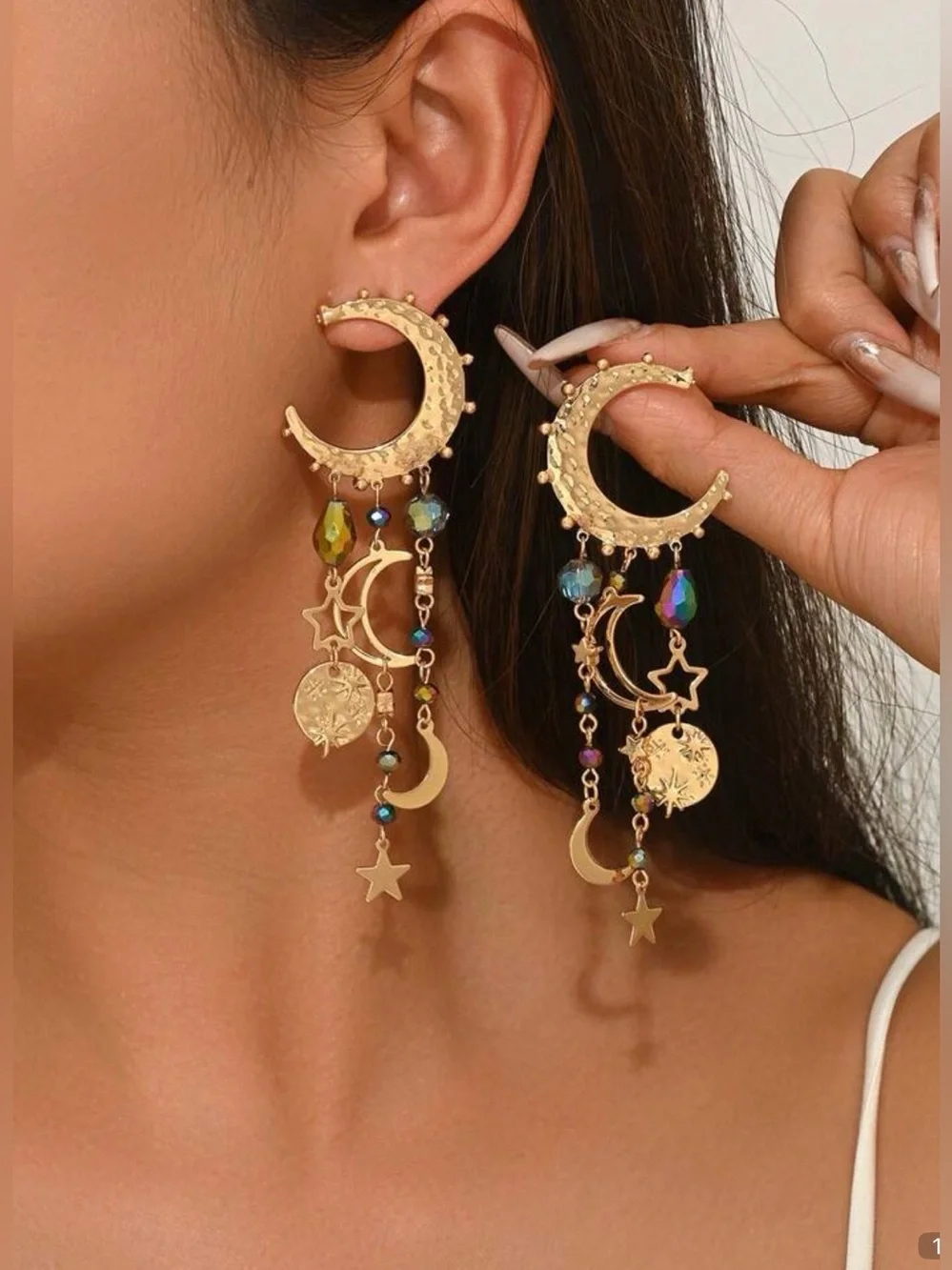Celestial Moon & Star Gold Dangle Earrings | Boho Crystal Statement Jewelry